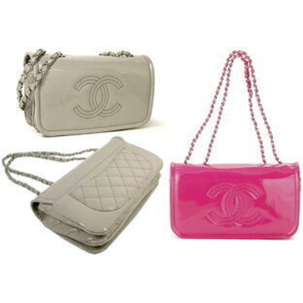 CHANEL Chain Shoulder Bag Big Logo Gray Pink Enamel Coating Patent Leather